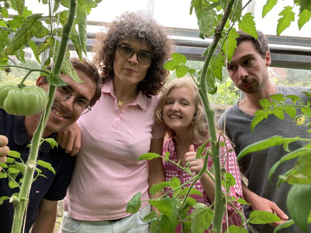 Schülerinnen und Schüler von integraMensch im Gewächshaus des SBSZ; halb versteckt hinter einer Tomatenkultur.